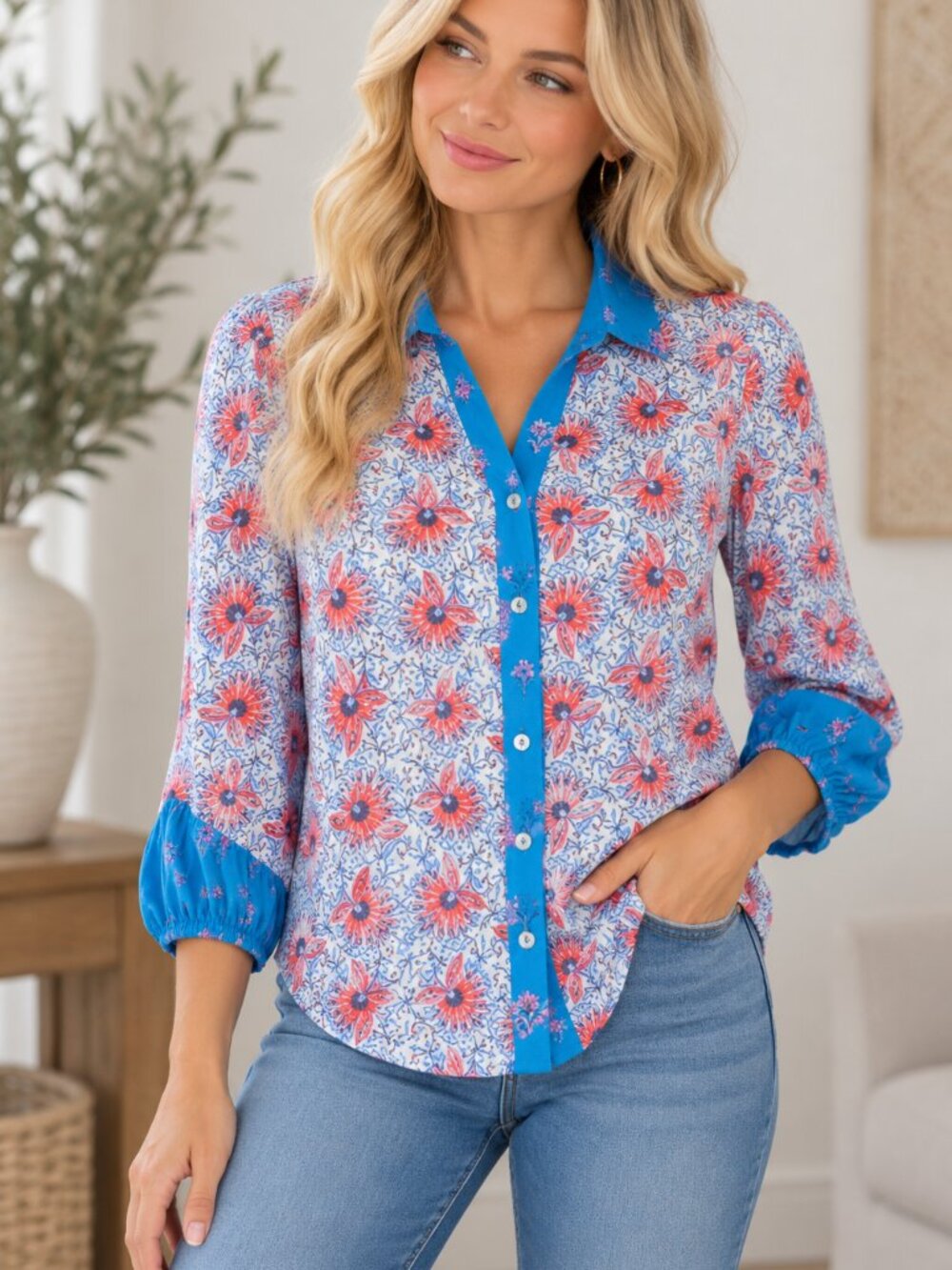 175. 3/4 Slv Collard Button Up Top